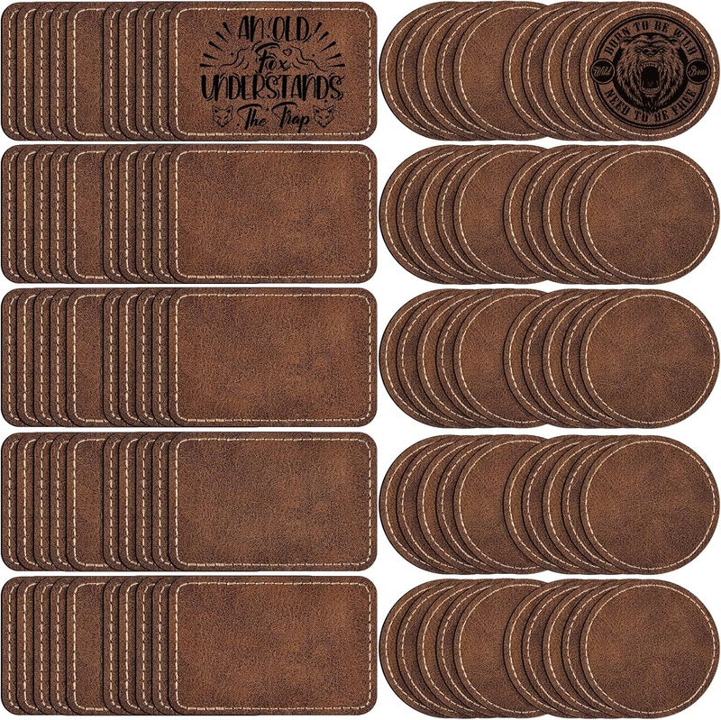 MAPRIAL 100 Pack Blank Leatherette Patches with Adhesive, Rustic Laser Engravable Faux Leather Patch for Hats Custom, Fabric Repair Sew, Engraving Materials, Gifts, DIY (Rectangle+Round) - Image 1